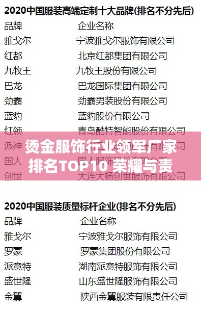烫金服饰行业领军厂家排名TOP10 荣耀与责任一览